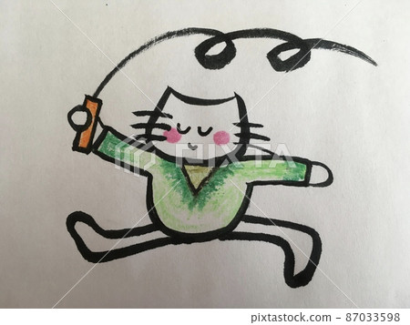 一隻貓用藝術體操絲帶彈出 87033598