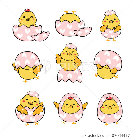 group of cute baby chicken in broken easter eggshell collection, playful animal cartoon hand drawing outline vector group of cute baby chicken in broken easter eggshell collection, playful animal cartoon hand drawing outline vector 87034437