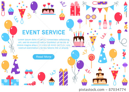 Event service background with text space. Birthday party carnival festival celebration banner with fun colorful flat elements cake gift box balloons wine champagne hat muffin candy vector illustration Event service background with text space. Birthday party carnival festival celebration banner with fun colorful flat elements cake gift box balloons wine champagne hat muffin candy vector illustration 87034774