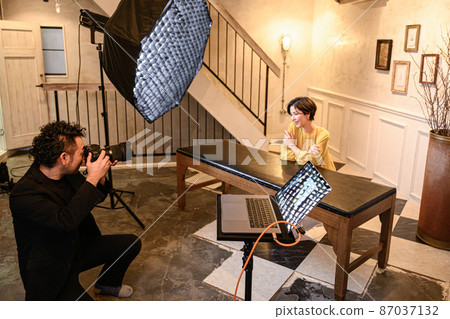 A little bird's-eye view of the cameraman and model shooting in the studio A little bird's-eye view of the cameraman and model shooting in the studio 87037132