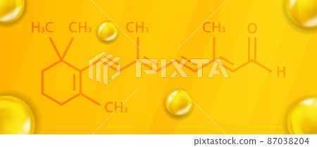 Vitamin A1 chemical formula. Vitamin A1 Realistic chemical molecular structure Vitamin A1 chemical formula. Vitamin A1 Realistic chemical molecular structure 87038204