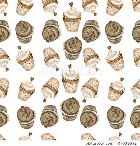 Chocolate Cupcakes Handheld Watercolor Seamless Pattern Sweets Baking Delicious 87038652