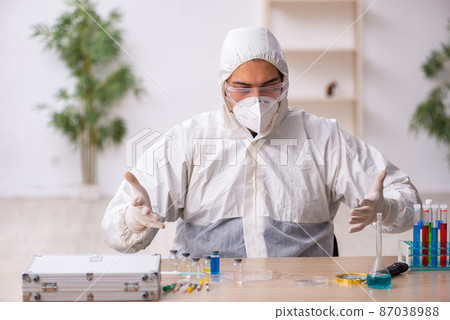 Young male chemist working at the lab during pandemic Young male chemist working at the lab during pandemic 87038988
