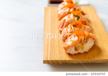 grilled salmon sushi on plate grilled salmon sushi on plate 87039747