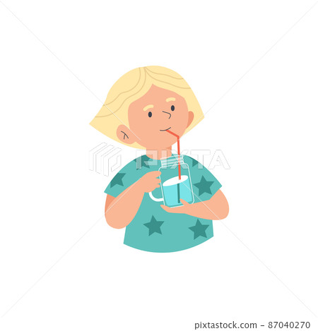 Child drinking holding mason jar with straw, flat vector illustration isolated. Child drinking holding mason jar with straw, flat vector illustration isolated. 87040270