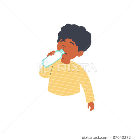 Preschool boy drinking milk holding bottle flat vector illustration isolated. 87040272