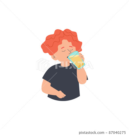 Cute boy drinking glass of juice flat cartoon vector illustration isolated. 87040275