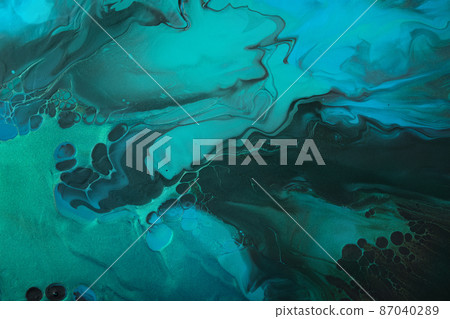 Fluid Art. Metallic Green and blue abstract wave swirls on black background. Marble effect background or texture Fluid Art. Metallic Green and blue abstract wave swirls on black background. Marble effect background or texture 87040289