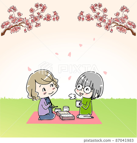 女人們一邊吃午飯，一邊鋪野餐單，一邊看櫻花 87041983