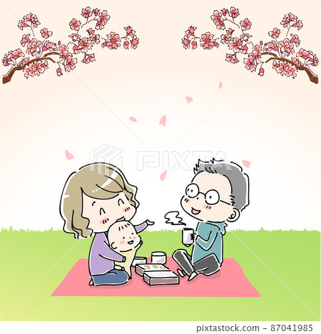 A family who spreads a picnic sheet and eats a lunch box 87041985