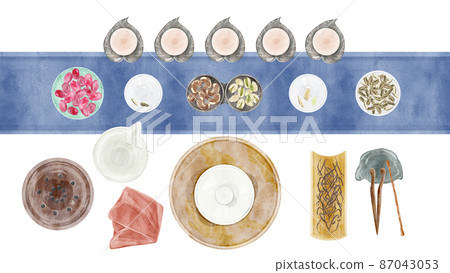Chinese tea party tools hand drawn watercolor style illustration 87043053