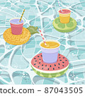 Set of the Inflatable mattress in the shape of a kiwi, pineapple and watermelon with cocktails in the pool, pool party, beach vacation, hotel vacation with inflatable toys. Vector illustration 87043505
