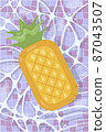 Inflatable mattress in the shape of a pineapple in the pool, pool party, beach vacation, hotel vacation with inflatable toys. Vector illustration 87043507