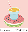 Watermelon Shaped Inflatable Mattress icon with cocktail for pool party, beach holiday and hotel vacation. Vector illustration. 87043512