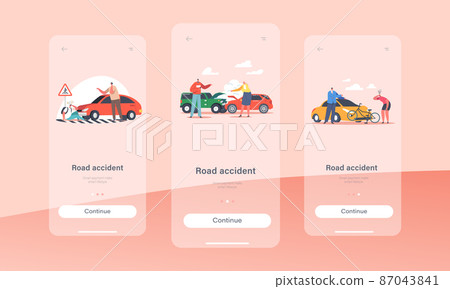 Car Accident with People on Road, Mobile App Page Onboard Screen Template. Broken Automobiles, Car Bump into Bicycle Car Accident with People on Road, Mobile App Page Onboard Screen Template. Broken Automobiles, Car Bump into Bicycle 87043841
