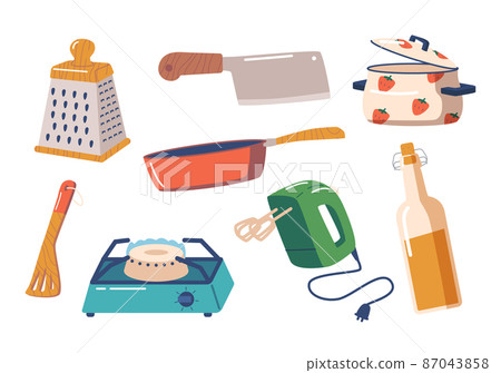 Set of Kitchenware Mixer, Turner, Cooking Pan, Gas Stove or Chef Knife, Grater, Oil Bottle. Kitchen Utensils Collection 87043858