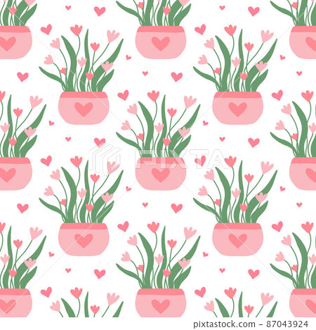 Seamless pattern with pink flowers in a pot.... - Stock Illustration ...