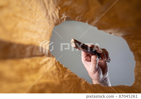 A hand places a pet treat in a paper bag. A mature man's hand holds a dried dog bully stick over an open brown bag. Shot from the bottom up. Close up. Selective focus. A hand places a pet treat in a paper bag. A mature man's hand holds a dried dog bully stick over an open brown bag. Shot from the bottom up. Close up. Selective focus. 87045261