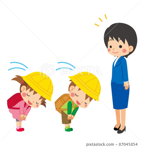 Illustration of cute elementary school children bowing to a school teacher and greeting them White background clip art 87045854