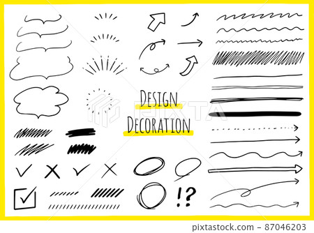 Vector illustration set of handwritten line drawing design material (speech balloon, arrow, sun, check) Vector illustration set of handwritten line drawing design material (speech balloon, arrow, sun, check) 87046203