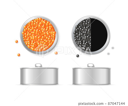Realistic Detailed 3d Red and Black Caviar Metallic Can Set. Vector 87047144