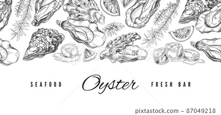 Seafood bar banner with scallops and oysters, engraving vector illustration. Seafood bar banner with scallops and oysters, engraving vector illustration. 87049218