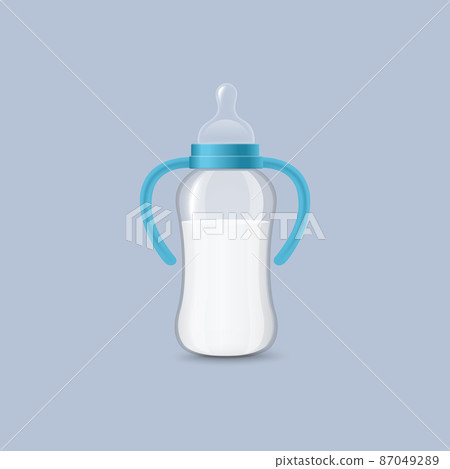 Realistic nursing bottle with milk for feeding babies and infants, vector illustration isolated on gray background. Realistic nursing bottle with milk for feeding babies and infants, vector illustration isolated on gray background. 87049289