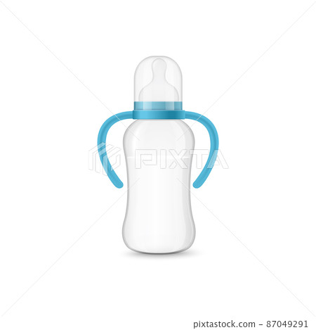 Baby bottle with milk, handle and cap in realistic 3d style, vector illustration isolated on white background. Baby bottle with milk, handle and cap in realistic 3d style, vector illustration isolated on white background. 87049291