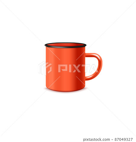 Realistic enamel mug in red color, 3d vector illustration isolated on white background. 87049327
