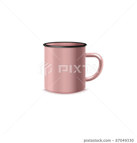 Blank pink enamel coffee or tea mug realistic vector illustration isolated. 87049330
