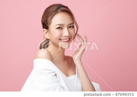 Beautiful young asian woman with clean fresh skin on pink background, Face care, Facial treatment, Beautiful young asian woman with clean fresh skin on pink background, Face care, Facial treatment, 87049353