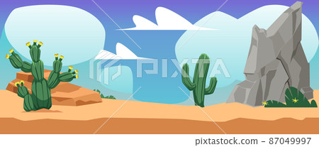 Desert landscape banner or game location background, flat vector illustration. Desert landscape banner or game location background, flat vector illustration. 87049997