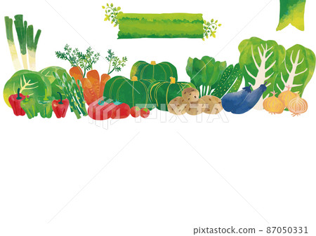 帶有綠色標題框架的水彩風格蔬菜套裝（無樣本字符，白色背景） 87050331