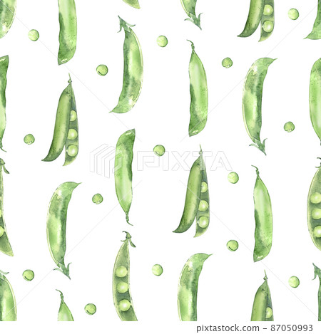 Seamless pattern with watercolor pea pods. Illustrated organic food. Background for wrapping paper, label and packaging. 87050993