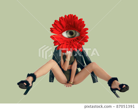 Contemporary art collage with young slim girl headed of red flower with open eye inside it on light background. Modern design. Concept of beauty, art, vision, fashion Contemporary art collage with young slim girl headed of red flower with open eye inside it on light background. Modern design. Concept of beauty, art, vision, fashion 87051391