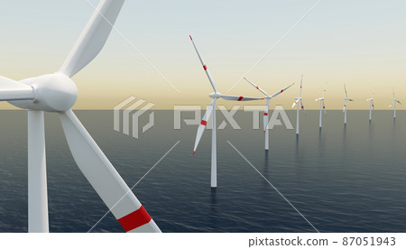 Aerial view of wind turbines on the ocean Aerial view of wind turbines on the ocean 87051943