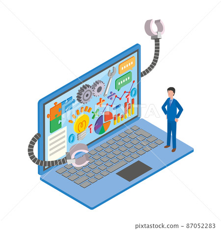 A PC and an office worker who work with various functions 87052283