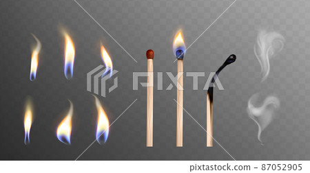 Realistic set of burnt wooden matchstick, flame light and smoke Realistic set of burnt wooden matchstick, flame light and smoke 87052905