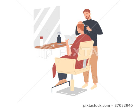 Hairstylist serving male client at barber shop 87052940