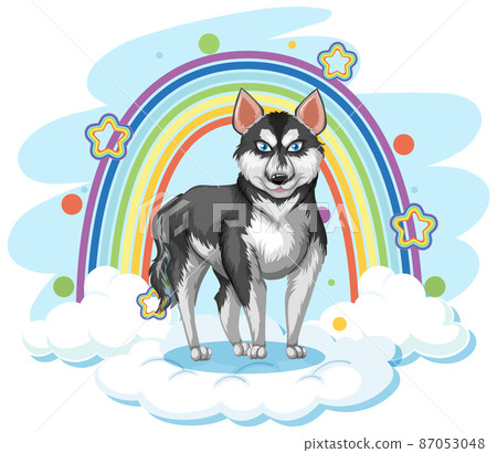 Cute dog on the cloud with rainbow 87053048