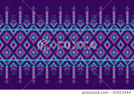 Pink and Blue Flower on Purple. Geometric ethnic oriental pattern traditional Design for background,carpet,wallpaper,clothing,wrapping,Batik,fabric, vector illustration embroidery style 87053444