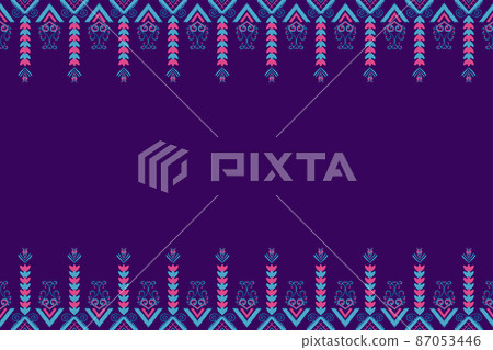 Pink and Blue Flower on Purple. Geometric ethnic oriental pattern traditional Design for background,carpet,wallpaper,clothing,wrapping,Batik,fabric, vector illustration embroidery style 87053446