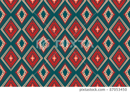 Red and Orange Diamond on Blue Teal. Geometric ethnic oriental pattern traditional Design for background,carpet,wallpaper,clothing,wrapping,Batik,fabric, vector illustration embroidery style 87053450