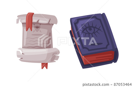 Ancient magic book and ancient paper scroll. Witchcraft attributes, halloween objects cartoon vector illustration Ancient magic book and ancient paper scroll. Witchcraft attributes, halloween objects cartoon vector illustration 87053464