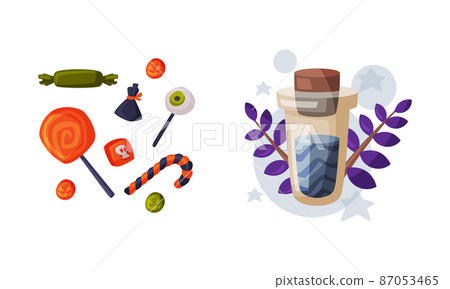 Candies, sweets and potion bottle. Witchcraft attributes, halloween objects cartoon vector illustration Candies, sweets and potion bottle. Witchcraft attributes, halloween objects cartoon vector illustration 87053465
