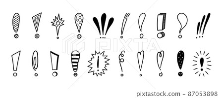 Hand drawn exclamation marks set. Hazard warning hand draw symbol. Attention doodle icons. Exclamations marks icons. Vector illustration isolated in doodle style on white background Hand drawn exclamation marks set. Hazard warning hand draw symbol. Attention doodle icons. Exclamations marks icons. Vector illustration isolated in doodle style on white background 87053898