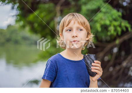 Boy eating Vietnamese Pork Banh Mi Sandwich in a black baguette 87054403