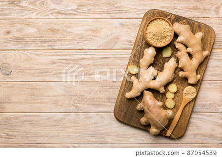 ginger on Cutting board table, top view. Space for text 87054539