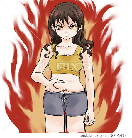 一個女人抓住她的胃,在火焰背景的飲食中燃燒 一個女人抓住她的胃,在火焰背景的飲食中燃燒 87054981