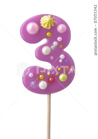 Front view of purple number three lollipop 87055342